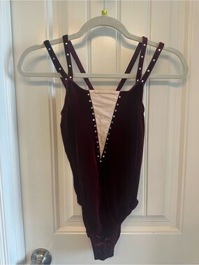 Velvet Stud-Trim leotard with Contrast Inset - Burgundy
